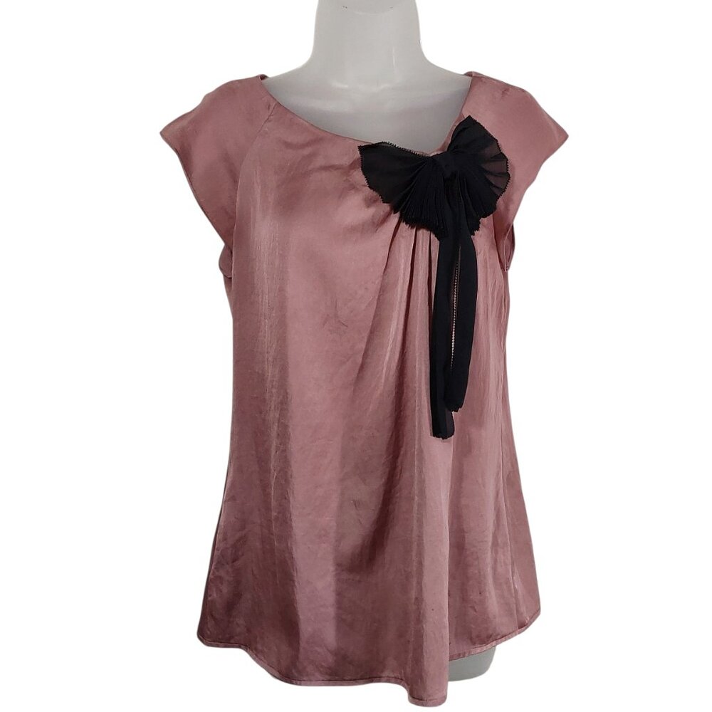 Loft Y2K Blush Silky Blouse Asymmetric Neckline Black Bow Cap Sleeve Top - S